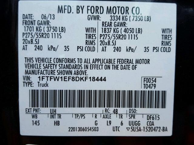 1FTFW1EF8DKF18444 - 2013 FORD F150 SUPER BLACK photo 10