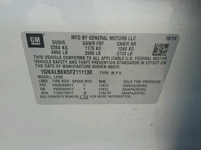 1GNALBEK5FZ111138 - 2015 CHEVROLET EQUINOX SILVER photo 10