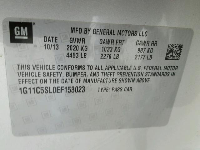 1G11C5SL0EF153023 - 2014 CHEVROLET MALIBU 1LT ვერცხლისფერი ფოტო 10