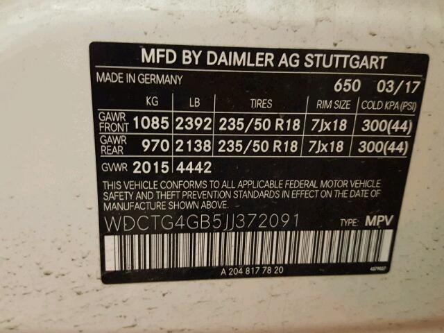 WDCTG4GB5JJ372091 - 2018 MERCEDES-BENZ GLA 250 4M WHITE photo 10