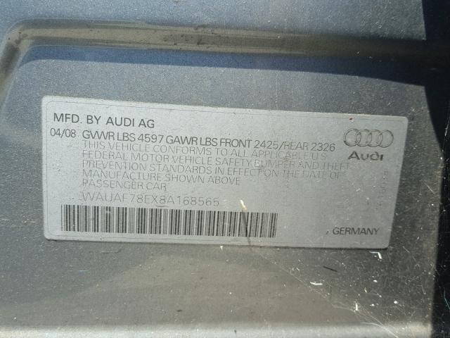 WAUAF78EX8A168565 - 2008 AUDI A4 2.0T GRAY photo 10