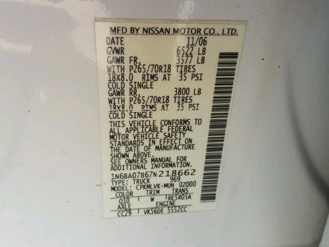 1N6BA07B67N218662 - 2007 NISSAN TITAN XE WHITE photo 10