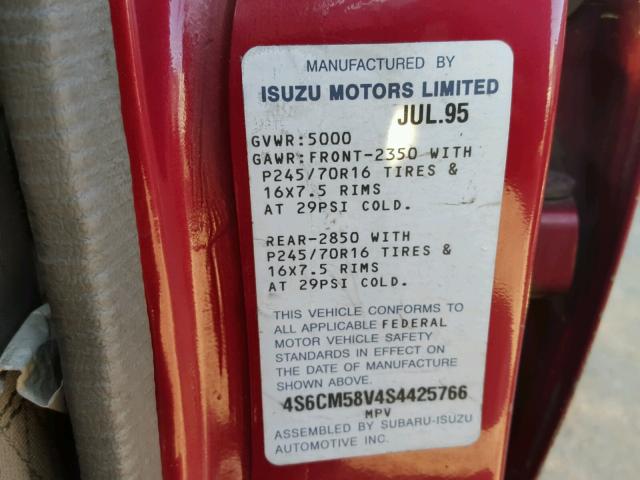 4S6CM58V4S4425766 - 1995 HONDA PASSPORT E 红色 照片 10