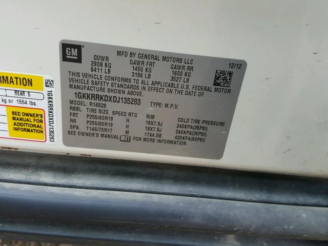 1GKKRRKDXDJ135283 - 2013 GMC ACADIA SLT თეთრი ფოტო 10