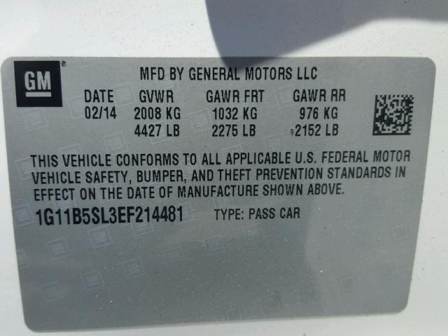 1G11B5SL3EF214481 - 2014 CHEVROLET MALIBU LS 白色 照片 10