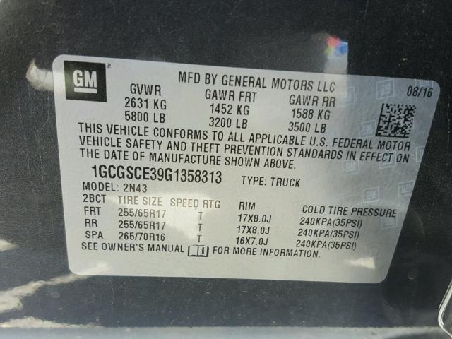 1GCGSCE39G1358313 - 2016 CHEVROLET COLORADO L CHARCOAL photo 10