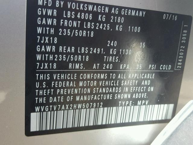 WVGTV7AX2HW507912 - 2017 VOLKSWAGEN TIGUAN SPO SILVER photo 10