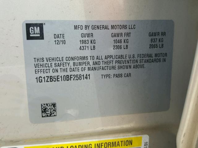 1G1ZB5E10BF258141 - 2011 CHEVROLET MALIBU LS GOLD photo 10