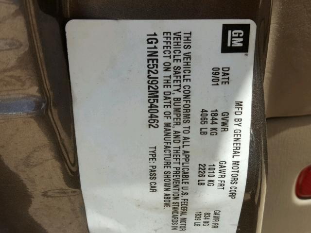 1G1NE52J92M540462 - 2002 CHEVROLET MALIBU LS ნაცრისფერი ფოტო 10