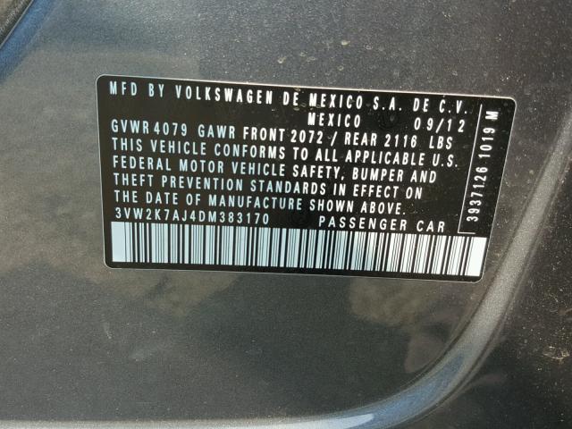 3VW2K7AJ4DM383170 - 2013 VOLKSWAGEN JETTA BASE Մոխրագույն լուսանկար 10