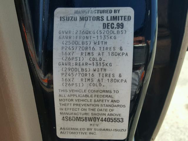 4S6DM58W0Y4405553 - 2000 HONDA PASSPORT E 黑色 照片 10