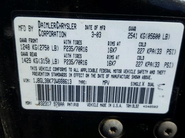 1J8GL38K73W668613 - 2003 JEEP LIBERTY RE BLACK photo 10