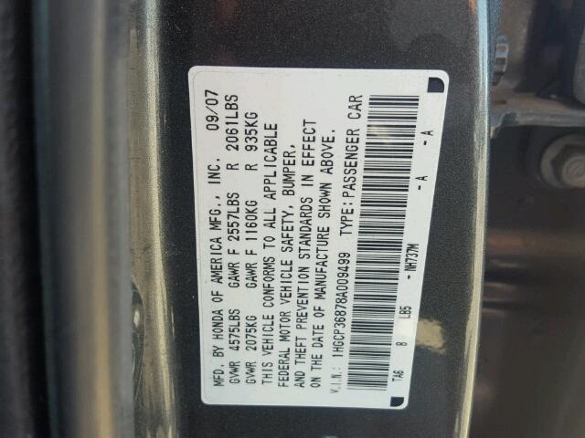 1HGCP36878A009499 - 2008 HONDA ACCORD EXL GRAY photo 10