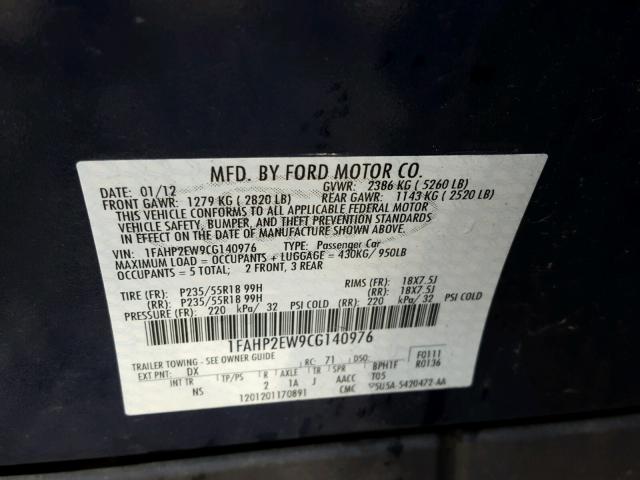 1FAHP2EW9CG140976 - 2012 FORD TAURUS SEL BLUE photo 10