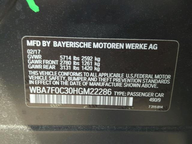 WBA7F0C30HGM22286 - 2017 BMW 750 I BLACK photo 10