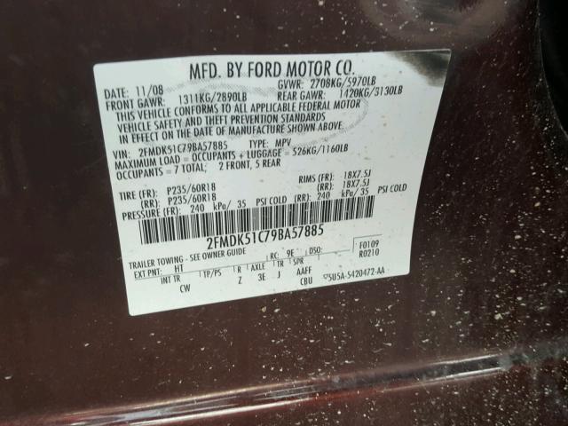 2FMDK51C79BA57885 - 2009 FORD FLEX SE BURGUNDY photo 10