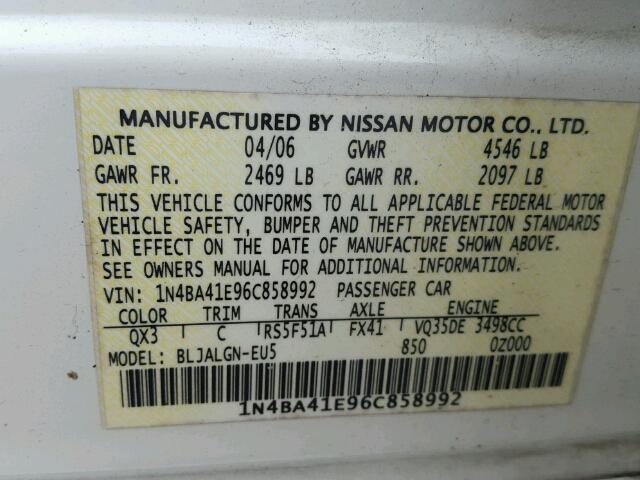 1N4BA41E96C858992 - 2006 NISSAN MAXIMA SE WHITE photo 10