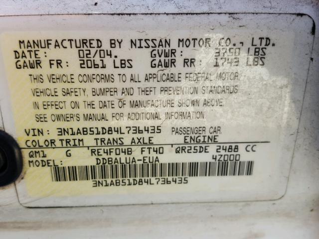 3N1AB51D84L736435 - 2004 NISSAN SENTRA SE- WHITE photo 10