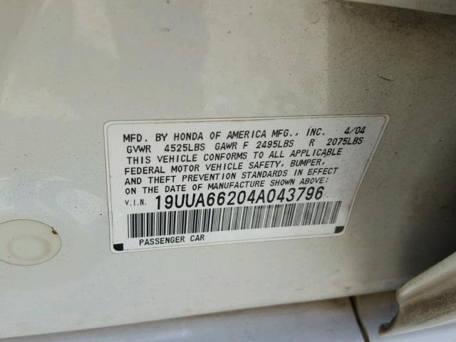 19UUA66204A043796 - 2004 ACURA TL WHITE photo 10