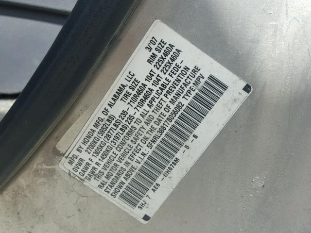 5FNRL38817B056082 - 2007 HONDA ODYSSEY TO SILVER photo 10