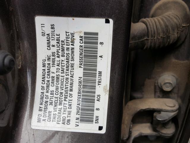 2HGFA1F6XBH545874 - 2011 HONDA CIVIC LX-S CHARCOAL photo 10