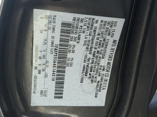 1FAFP55S64G144510 - 2004 FORD TAURUS SES GRAY photo 10