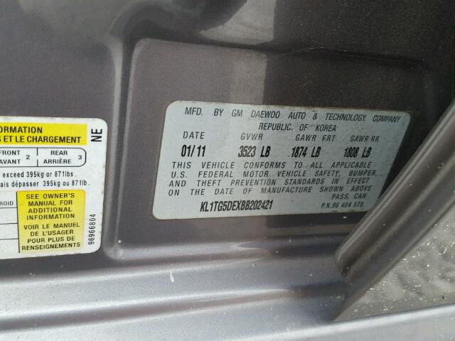 KL1TG5DEXBB202421 - 2011 CHEVROLET AVEO LT GRAY photo 10