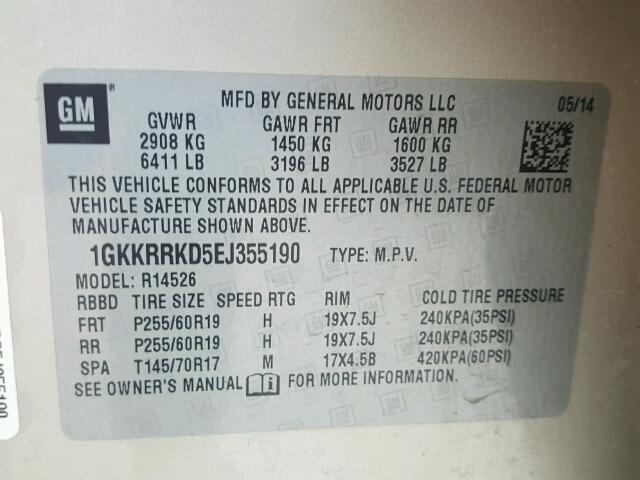 1GKKRRKD5EJ355190 - 2014 GMC ACADIA SLT ვერცხლისფერი ფოტო 10