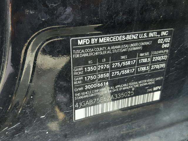 4JGAB75E62A335025 - 2002 MERCEDES-BENZ ML 500 BLACK photo 10