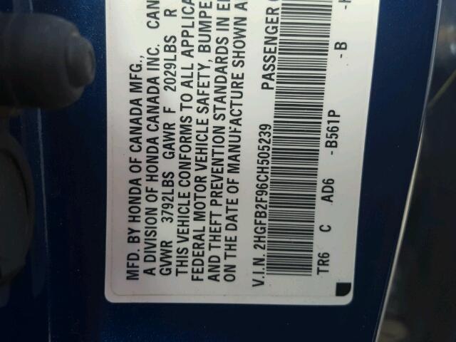 2HGFB2F96CH505239 - 2012 HONDA CIVIC EXL 蓝色 照片 10