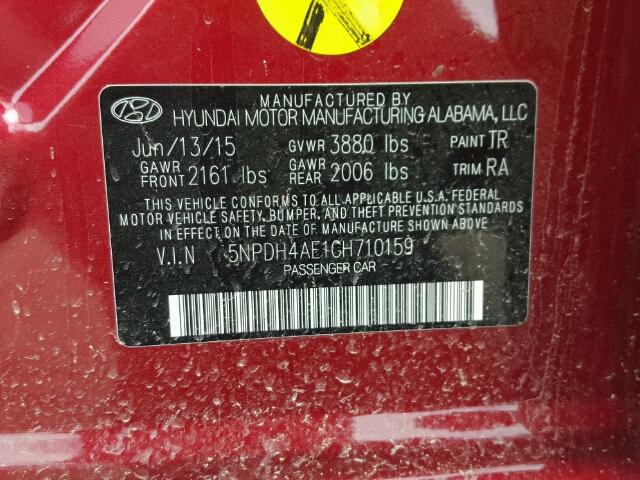 5NPDH4AE1GH710159 - 2016 HYUNDAI ELANTRA SE RED photo 10