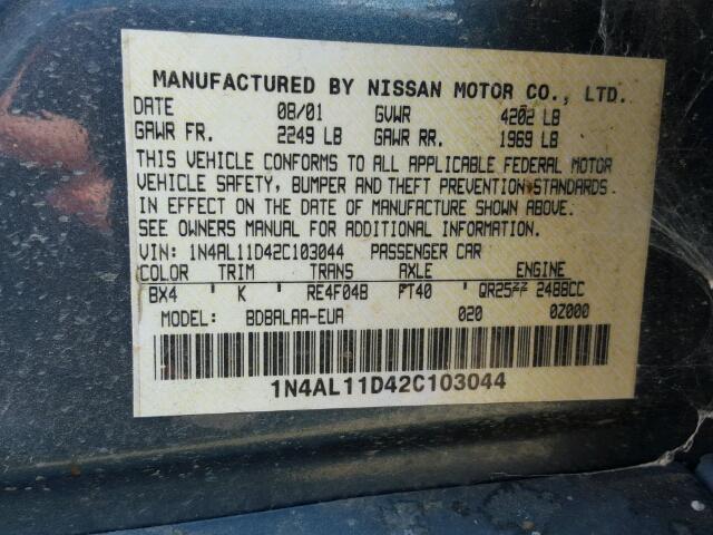 1N4AL11D42C103044 - 2002 NISSAN ALTIMA BAS BLUE photo 10