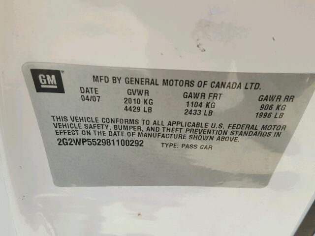 2G2WP552981100292 - 2008 PONTIAC GRAND PRIX WHITE photo 10