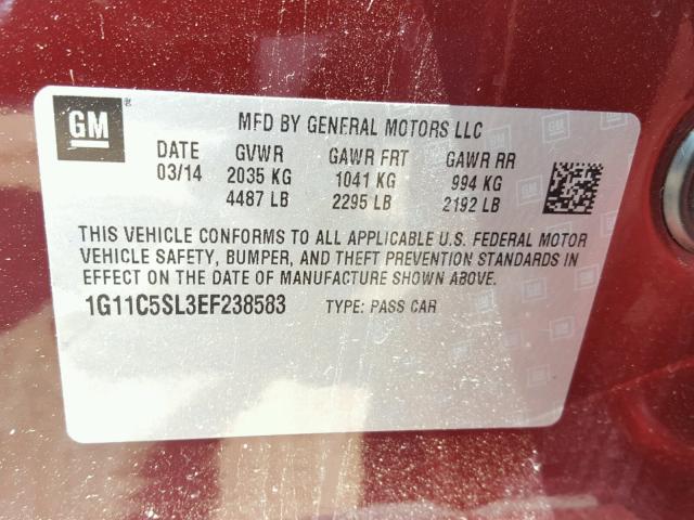 1G11C5SL3EF238583 - 2014 CHEVROLET MALIBU 1LT MAROON photo 10
