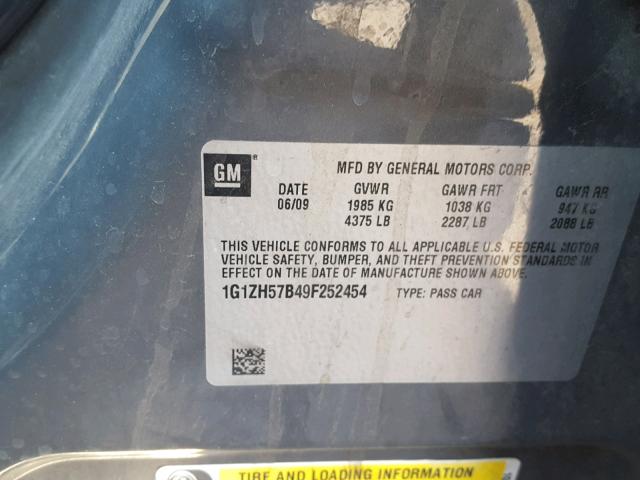 1G1ZH57B49F252454 - 2009 CHEVROLET MALIBU 1LT ნაცრისფერი ფოტო 10