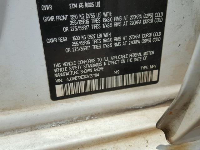 4JGAB72E3XA127194 - 1999 MERCEDES-BENZ ML 430 白色 照片 10