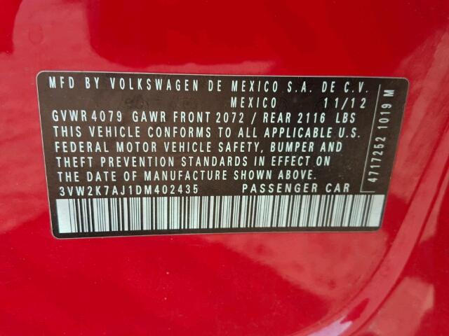 3VW2K7AJ1DM402435 - 2013 VOLKSWAGEN JETTA BASE 红色 照片 10