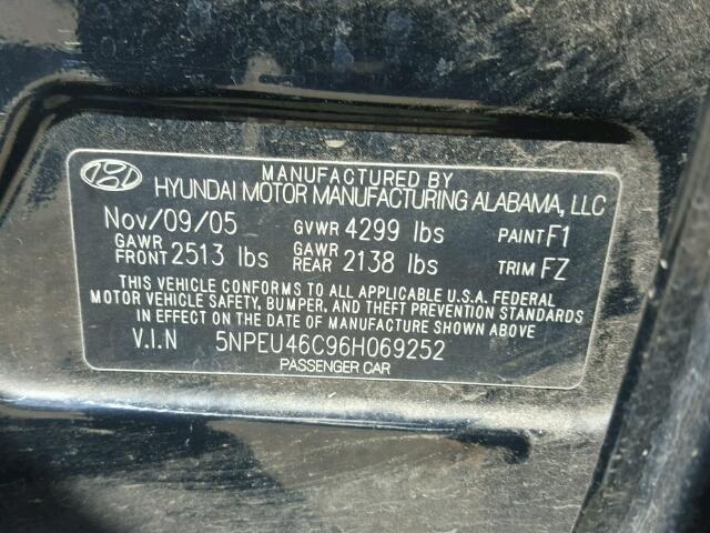 5NPEU46C96H069252 - 2006 HYUNDAI SONATA GLS BLACK photo 10