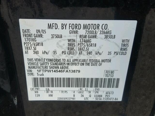 1FTPW14546FA13879 - 2006 FORD F150 SUPER BLACK photo 10