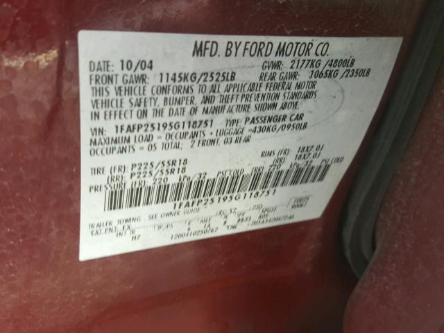 1FAFP25195G118751 - 2005 FORD FIVE HUNDR RED photo 10