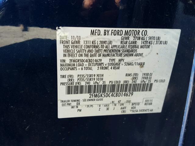 2FMGK5DC4CBD14629 - 2012 FORD FLEX LIMIT BLUE photo 10