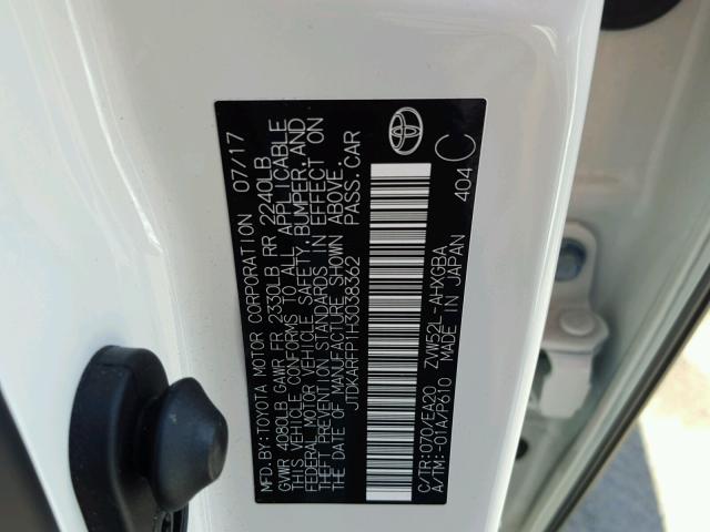 JTDKARFP1H3038362 - 2017 TOYOTA PRIUS PRIM თეთრი ფოტო 10