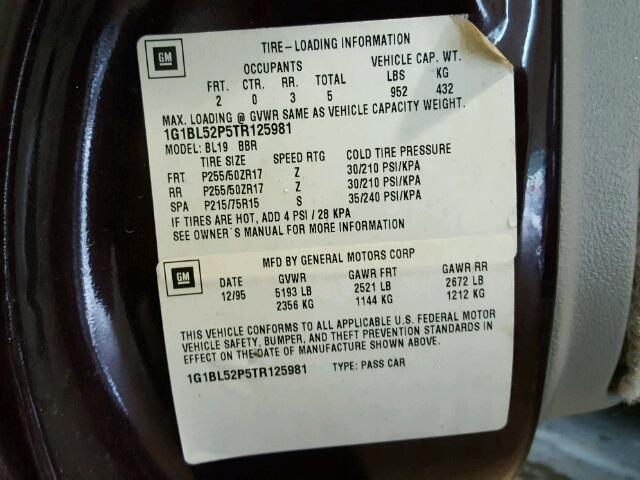 1G1BL52P5TR125981 - 1996 CHEVROLET CAPRICE CL MAROON photo 10