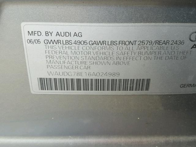 WAUDG78E16A024989 - 2006 AUDI A4 3.2 QUA SILVER photo 10