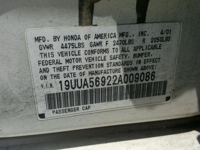 19UUA56922A009086 - 2002 ACURA 3.2TL TYPE WHITE photo 10