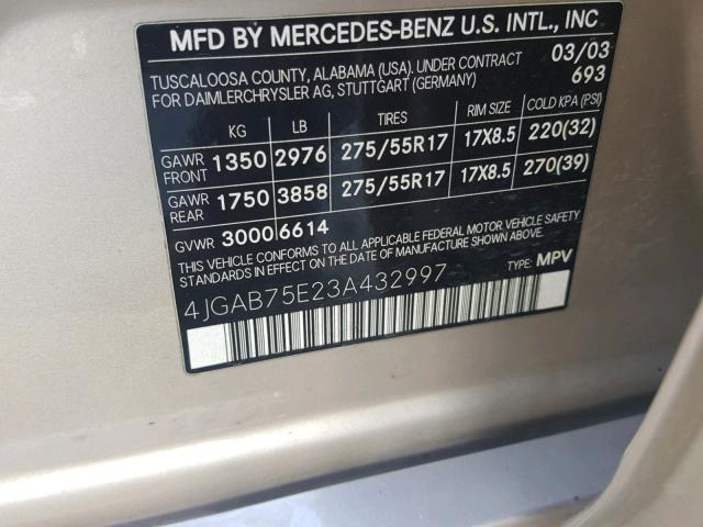 4JGAB75E23A432997 - 2003 MERCEDES-BENZ ML 500 TAN photo 10