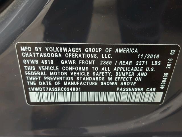 1VWDT7A32HC034801 - 2017 VOLKSWAGEN PASSAT R-L 石墨色 照片 10