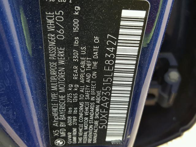 5UXFA93515LE83427 - 2005 BMW X5 4.8IS BLUE photo 10