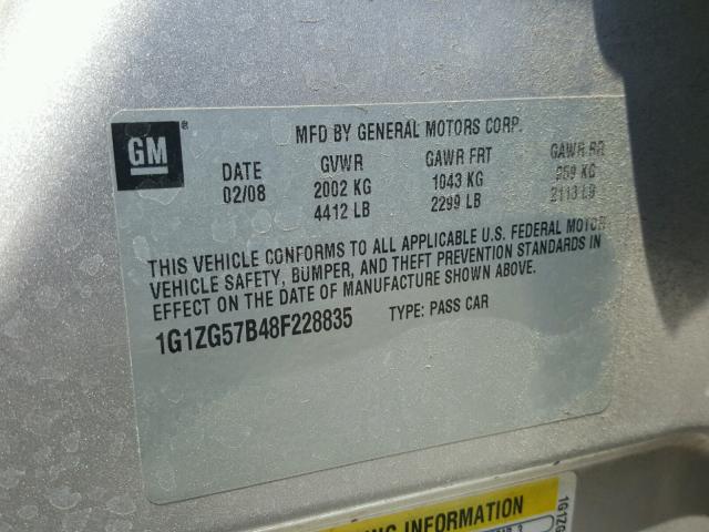 1G1ZG57B48F228835 - 2008 CHEVROLET MALIBU LS 银色 照片 10