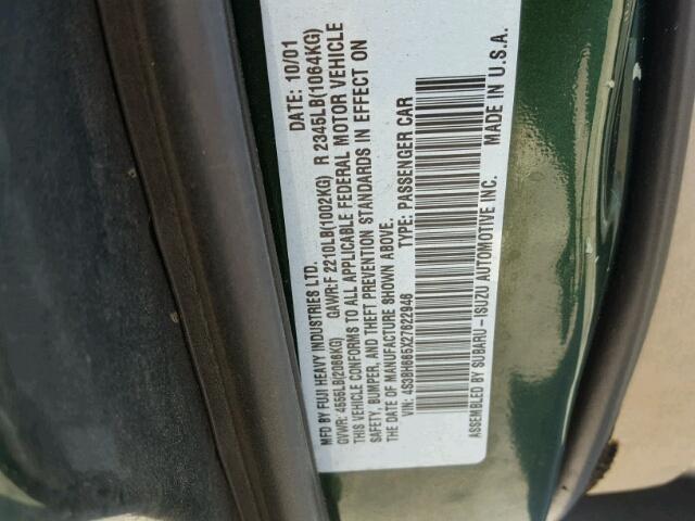 4S3BH665X27622946 - 2002 SUBARU LEGACY OUT GREEN photo 10